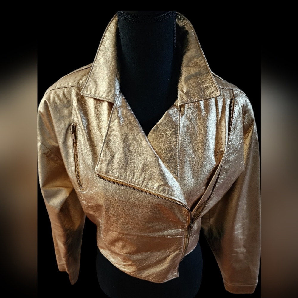 Vintage Leather Metallic Gold 100% Leather Moto Jacket!